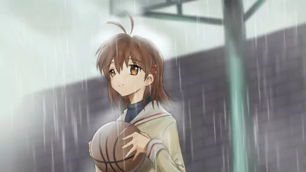 Nagisa Furukawa from Clannad holding a basketball in the rain — anime HD PC desktop wallpaper/background.