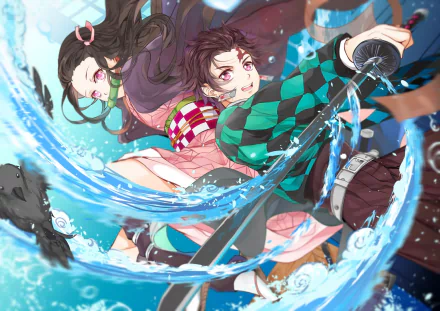 HD wallpaper of Tanjiro and Nezuko Kamado from Demon Slayer: Kimetsu no Yaiba, depicting them in dynamic battle with water effects swirling around.