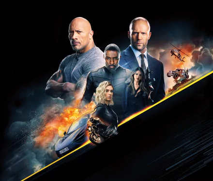 8K Ultra HD wallpaper featuring Dwayne Johnson as Luke Hobbs, Jason Statham as Deckard Shaw, Idris Elba as Brixton Lore, Eiza Gonzalez as Madame M, and Vanessa Kirby as Hattie Shaw from Fast & Furious Presents: Hobbs & Shaw.