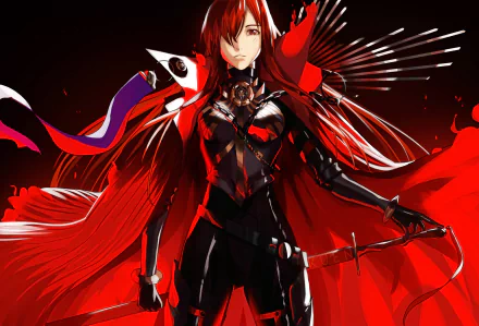 Oda Nobunaga (Fate/Grand Order) anime: red-and-black armor, flowing crimson cloak and fan-like blades, weapon raised against dramatic red-black background — 2K Quad HD PC wallpaper