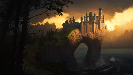 HD fantasy desktop wallpaper featuring a majestic castle perched on a rocky arch at sunset, with golden light illuminating the scene over a misty ocean.