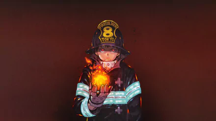 HD desktop wallpaper of Shinra Kusakabe from the anime Fire Force, showing him in firefighter attire with a glowing flame in his palm, against a dark background.