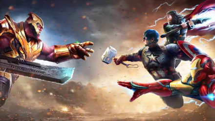 4K Ultra HD PC desktop wallpaper of Thor, Iron Man and Captain America charging at Thanos in a dramatic Avengers EndGame movie showdown, lightning, debris and epic battle tension.