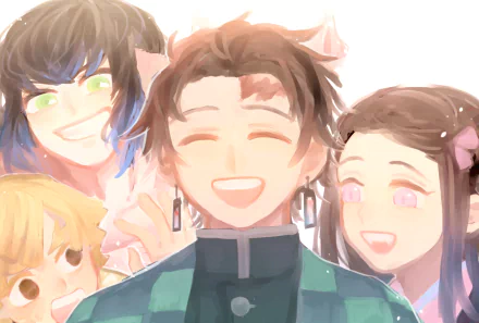 HD PC desktop wallpaper of Demon Slayer: Kimetsu no Yaiba — Tanjiro, Nezuko, Zenitsu and Inosuke smiling together in bright, soft colors.