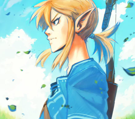 HD PC desktop wallpaper featuring Link from the video game The Legend of Zelda: Breath of the Wild, set against a bright sky with floating leaves.