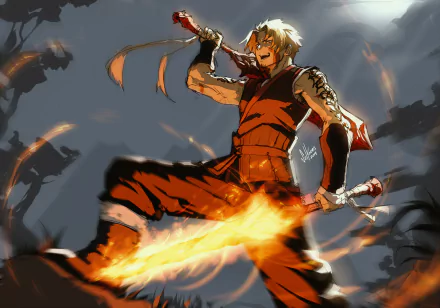 Beowulf from Fate/Grand Order, wielding a fiery sword with a scarred face, depicted in dynamic anime style as an HD PC desktop wallpaper and background.