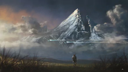 Sci-fi landscape featuring Master Chief from Halo: Reach overlooking a towering mountain, captured in a dramatic, atmospheric HD PC desktop wallpaper.