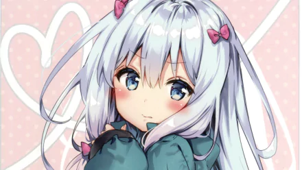 Sagiri Izumi from EroManga-Sensei in an HD PC desktop wallpaper: close-up of a shy silver-haired girl with blue eyes, pink bows and a heart-patterned pastel background.