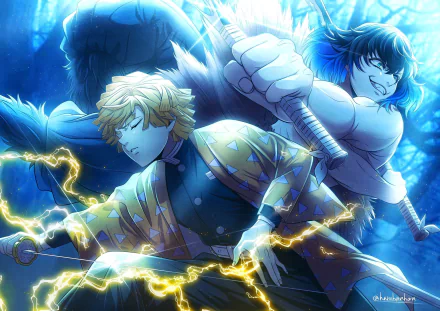 HD PC desktop wallpaper featuring Zenitsu Agatsuma and Inosuke Hashibira from the anime Demon Slayer: Kimetsu no Yaiba in dynamic action poses with electric effects.