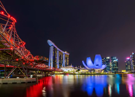 Helix Bridge skyscraper Singapore building light bridge night man made Marina Bay Sands HD Desktop Wallpaper | Background Image