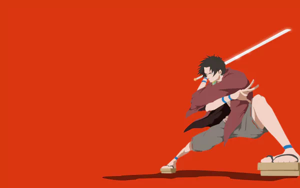 4K Ultra HD anime desktop wallpaper: Mugen (Samurai Champloo) crouches with sword drawn on a bold red background.
