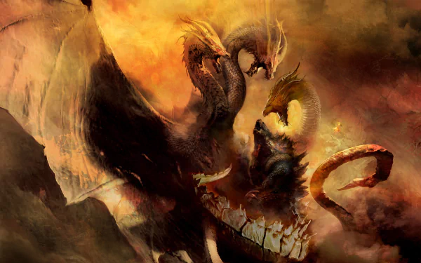 HD desktop wallpaper featuring King Ghidorah from Godzilla: King of the Monsters, depicted with three heads against a fiery, dramatic background.