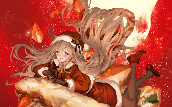 Anime Christmas HD PC desktop wallpaper: anime girl in a Santa outfit with long flowing hair and stockings, reclining on a pastry amid sparkling red festive background.