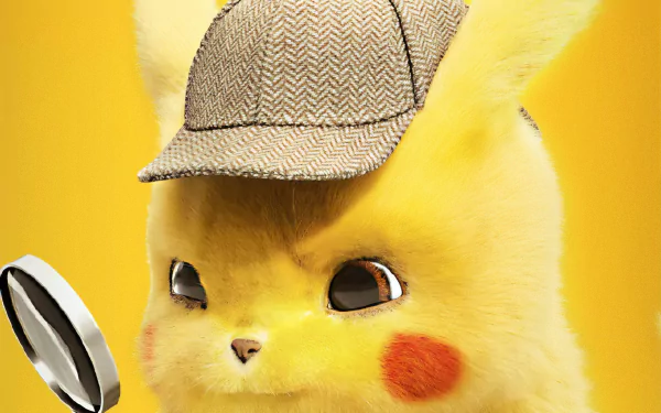 HD PC desktop wallpaper featuring Pikachu from the movie Pokémon Detective Pikachu, wearing a detective hat and holding a magnifying glass against a yellow background.