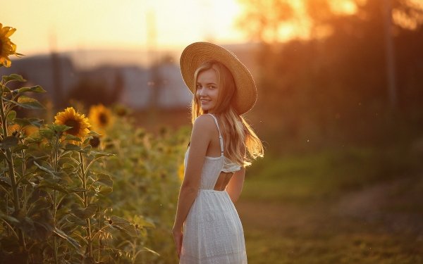 Women Model Models Smile Hat White Dress Blonde Depth Of Field Sunflower HD Wallpaper | Background Image