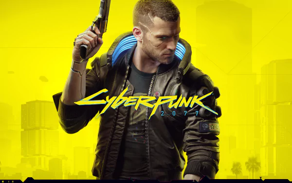 HD wallpaper of Cyberpunk 2077 featuring a male character with a gun on a vibrant yellow background.