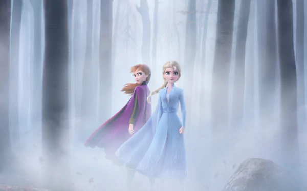 HD PC desktop wallpaper featuring Elsa and Anna from the movie Frozen 2 standing in a misty, enchanted forest setting.