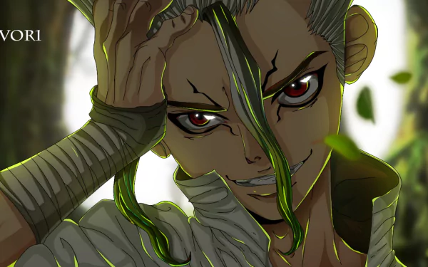 HD wallpaper featuring Senku Ishigami from the anime Dr. Stone, depicted with a contemplative expression and a vine partially covering his face.