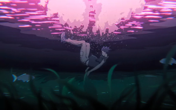 4K Ultra HD anime wallpaper featuring Shouya Ishida from A Silent Voice, depicted submerged underwater with glowing pink light above and dark aquatic plants below.