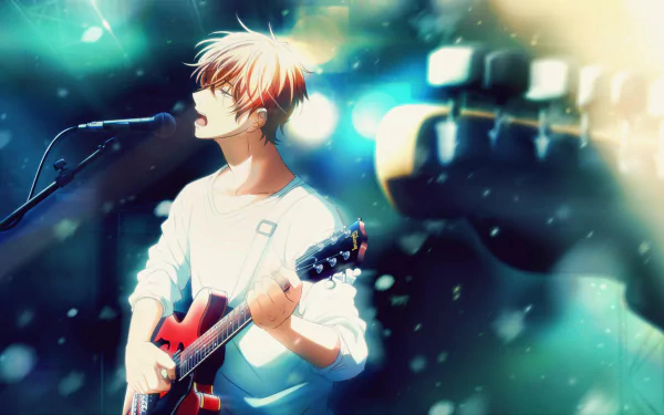 HD anime desktop wallpaper featuring Mafuyu Sato from Given passionately playing guitar and singing into a microphone on stage with a vibrant, glowing background.
