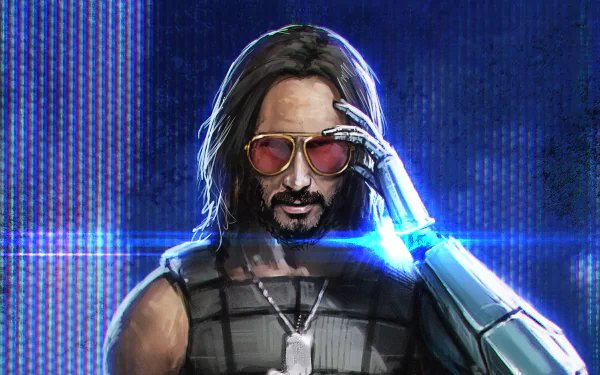 HD PC desktop wallpaper featuring Johnny Silverhand, portrayed by Keanu Reeves, from the video game Cyberpunk 2077.