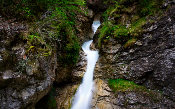 A stunning HD desktop wallpaper featuring a serene stream flowing through a rocky canyon, surrounded by lush green vegetation, embodying the tranquility of nature.