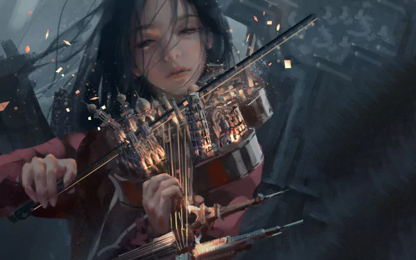 Fantasy HD wallpaper of a woman playing the violin, with imaginative, surreal elements enhancing the mystical ambiance.