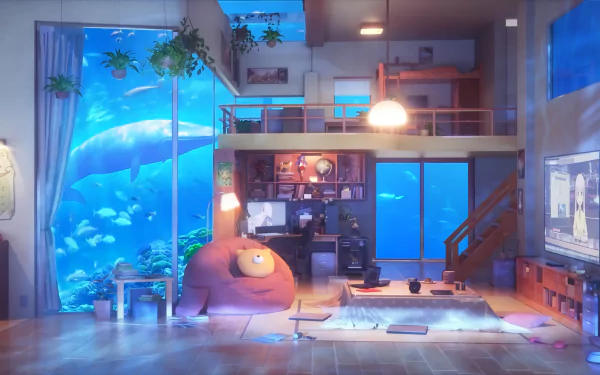 HD anime-style wallpaper depicting a cozy living room with lofi aesthetics, featuring a large window with an underwater view, a bean bag, computer desk, TV, and a loft bed.