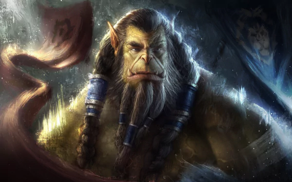HD desktop wallpaper of Thrall, the orc warrior from World of Warcraft, depicted with fierce expression and tribal adornments in a dramatic, smoky background.