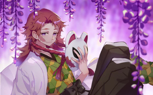 HD anime wallpaper featuring Sabito from Demon Slayer: Kimetsu no Yaiba, surrounded by hanging purple wisteria flowers, holding a fox mask with a gentle expression.