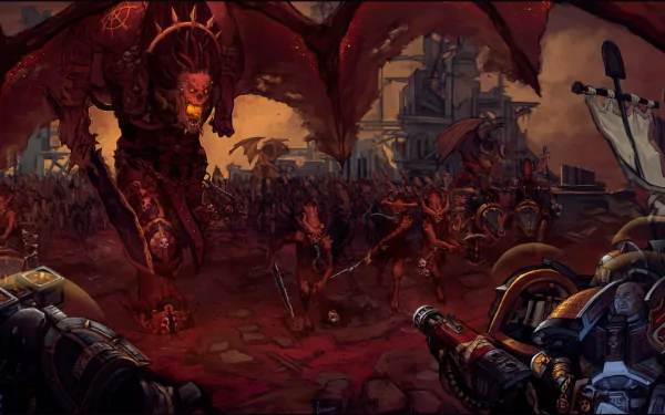 HD Warhammer 40k desktop wallpaper depicting a fierce battle between Space Marines and Khorne demons, capturing the intense war and dark fantasy of the video game universe.