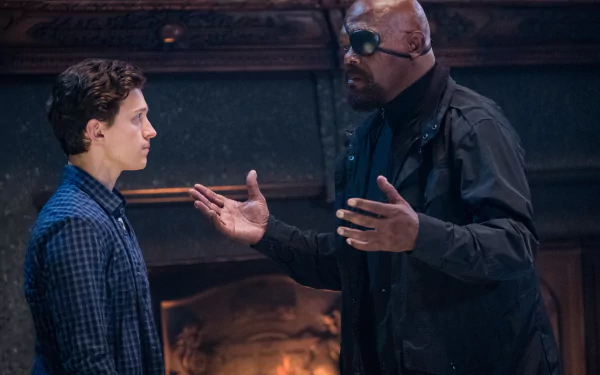 Peter Parker and Nick Fury, portrayed by Tom Holland and Samuel L. Jackson, in a scene from Spider-Man: Far From Home, featured in 4K Ultra HD desktop wallpaper.