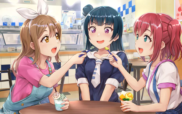 Anime-style HD wallpaper featuring Love Live! Sunshine!! characters Ruby Kurosawa, Hanamaru Kunikida, and Yoshiko Tsushima with colorful eyes and ice cream in a café.
