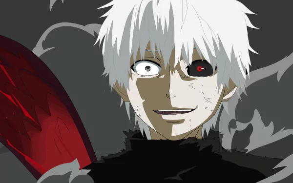 Ken Kaneki from Tokyo Ghoul:re with white hair and a red ghoul eye, set against a dark background in a 4K Ultra HD anime wallpaper.