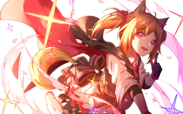 Vibrant Arknights artwork of a fox-eared, red-eyed operator in a dynamic pose with glowing pink ribbons and sparkles — 2K Quad HD PC desktop wallpaper and background.