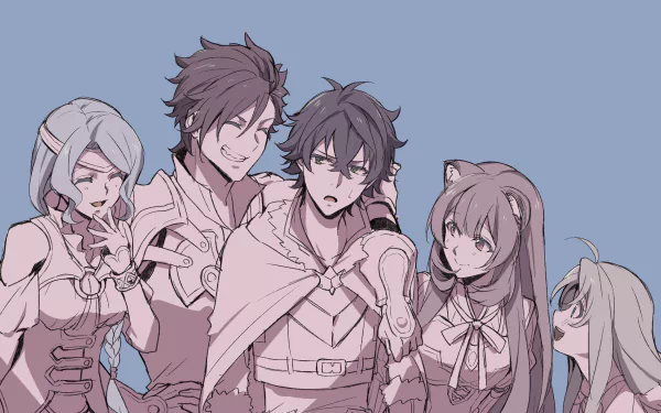HD PC desktop wallpaper featuring Naofumi Iwatani, Filo, Raphtalia, L'Arc Berg, and Therese Alexanderite from the anime The Rising of The Shield Hero.