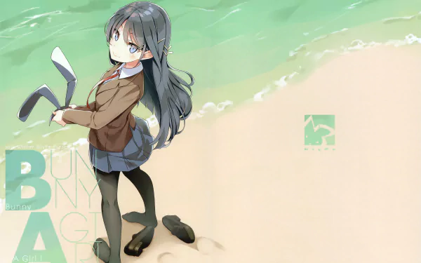 Anime-style 4K wallpaper featuring Mai Sakurajima from Rascal Does Not Dream of Bunny Girl Senpai, wearing a skirt and standing on a sandy beach by the water.