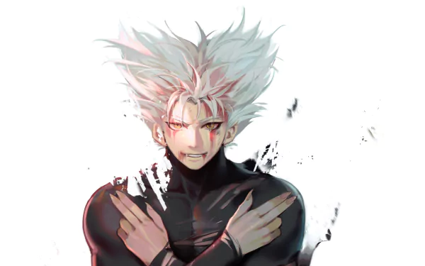 HD PC desktop wallpaper featuring Garou from the anime One-Punch Man, depicted with wild white hair and a fierce expression against a white background.