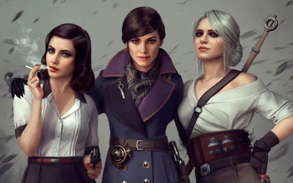 HD PC wallpaper featuring Elizabeth from Bioshock Infinite, Emily Kaldwin from Dishonored, and Ciri from The Witcher 3 in a dynamic video game crossover scene.