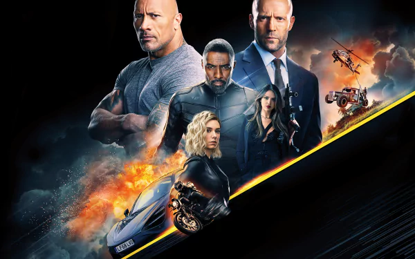 A high-definition desktop wallpaper featuring characters from the movie Fast & Furious Presents: Hobbs & Shaw, including Madame M, Hattie Shaw, Brixton Lore, Luke Hobbs, and Deckard Shaw.