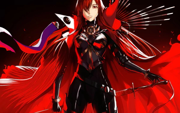 Oda Nobunaga (Fate/Grand Order) anime: red-and-black armor, flowing crimson cloak and fan-like blades, weapon raised against dramatic red-black background — 2K Quad HD PC wallpaper