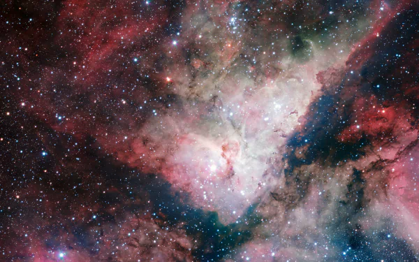 8K Ultra HD PC desktop wallpaper: vivid Sci‑Fi nebula — swirling red and blue gas clouds with a dense field of sparkling stars.