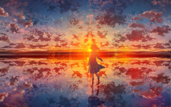 Anime-style schoolgirl stands on reflective water at sunset, surrounded by vibrant clouds, creating a serene and original HD desktop wallpaper scene.
