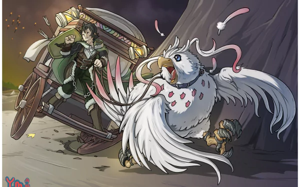 2K Quad HD PC wallpaper of Naofumi Iwatani in a cart as Filo, in bird form, dashes ahead — scene from The Rising of the Shield Hero