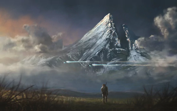 Sci-fi landscape featuring Master Chief from Halo: Reach overlooking a towering mountain, captured in a dramatic, atmospheric HD PC desktop wallpaper.