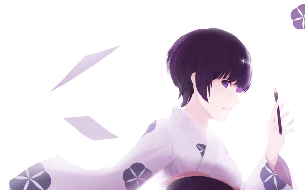 Senju Muramasa from the anime EroManga-Sensei in a minimalist 4K Ultra HD PC desktop wallpaper: purple-eyed girl in a kimono holding a phone as papers drift on a white background.