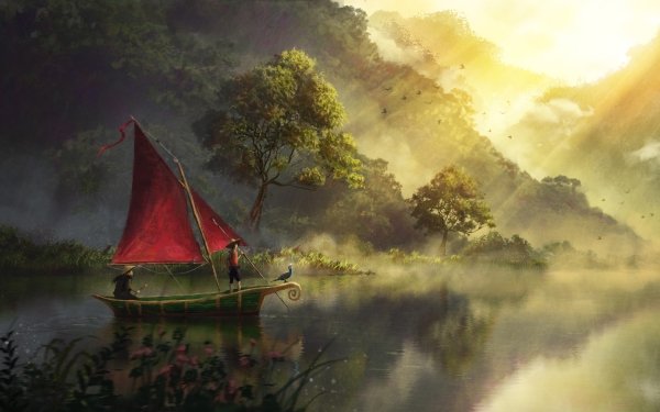Fantasy Ship Boat River Child HD Wallpaper | Background Image
