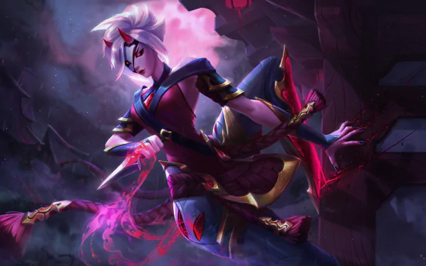 HD PC desktop wallpaper of Camille from the video game League of Legends — a blade-legged enforcer shrouded in purple and crimson energy against a dark cityscape.