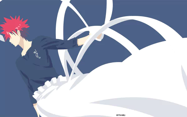 Sōma Yukihira (Food Wars: Shokugeki no Soma) anime 4K Ultra HD PC desktop wallpaper, red-haired chef in navy jacket amid sweeping white culinary swirls on a blue background.