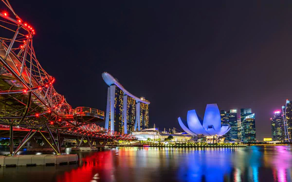 Helix Bridge skyscraper Singapore building light bridge night man made Marina Bay Sands HD Desktop Wallpaper | Background Image